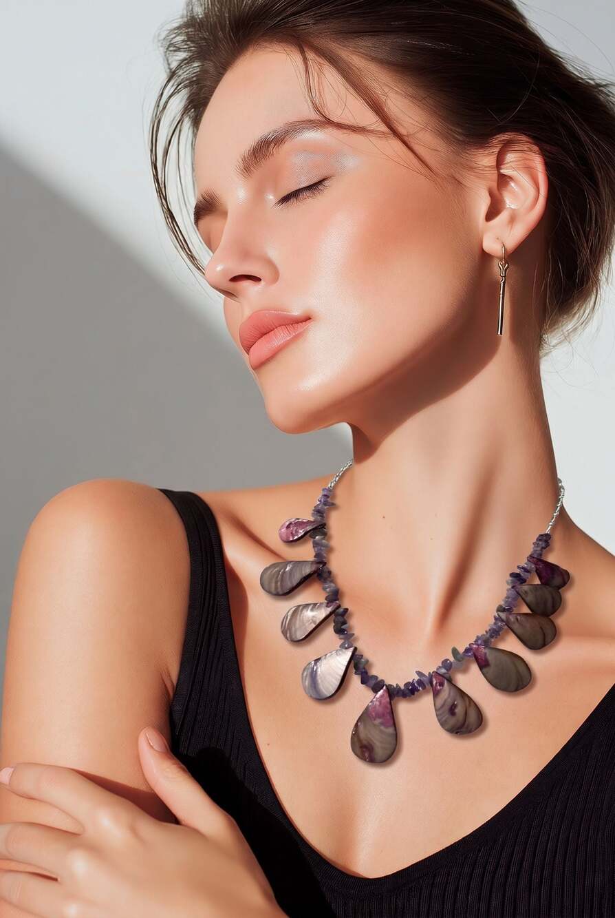 Creations by Loren Purple Iridescent Shell and Amethyst Chip Statement Necklace